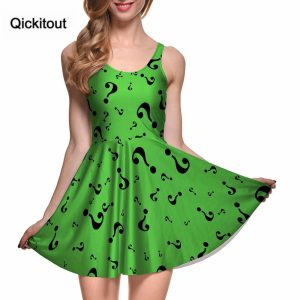 Drop Ship Fashion Women Digital Printing THE RIDDLER REVERSIBLE SKATER DRESS Vestidos Roupas Femininas Saias
