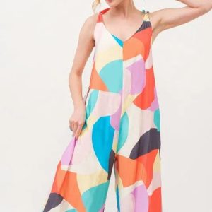 And The Why Tied Shoulder Straps Wide-Leg Geo Print Jumpsuit
