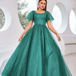 A-Line Prom Dress – Emerald Satin Ball Gown Flattering Neck