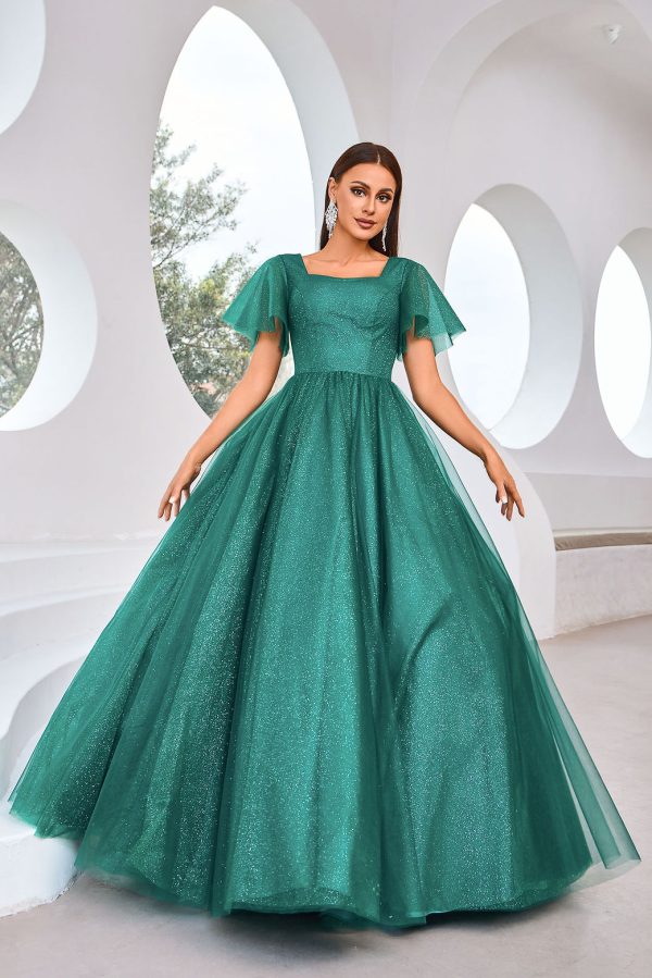 A-Line Prom Dress – Emerald Satin Ball Gown Flattering Neck