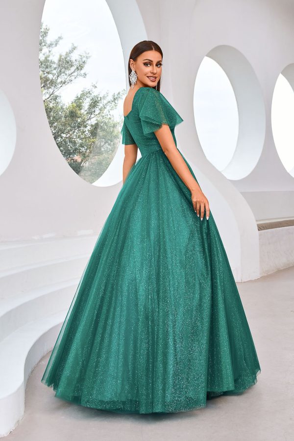 A-Line Prom Dress – Emerald Satin Ball Gown Flattering Neck - Image 2