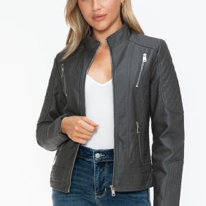 Salvia Ettore Faux Leather Zip Up Mock Neck Jacket