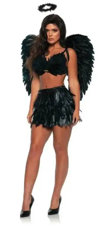 Model wearing a black feathered dark angel costume with wings and halo, showcasing the detailed texture of the feathers.