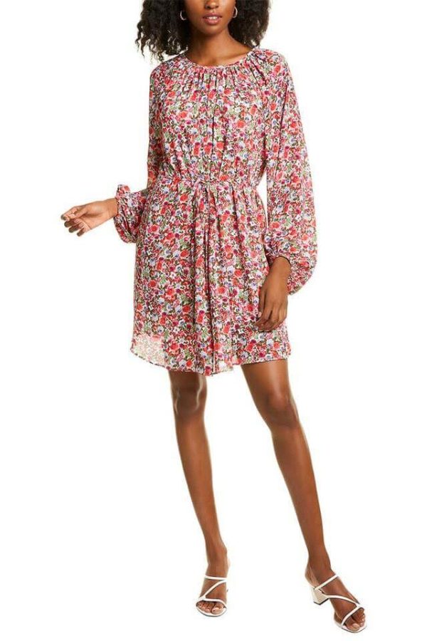 Long Sleeve Floral Crepe Dress – Tie Waist, Elastic Cuffs - Image 3