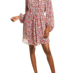 Long Sleeve Floral Crepe Dress – Tie Waist, Elastic Cuffs