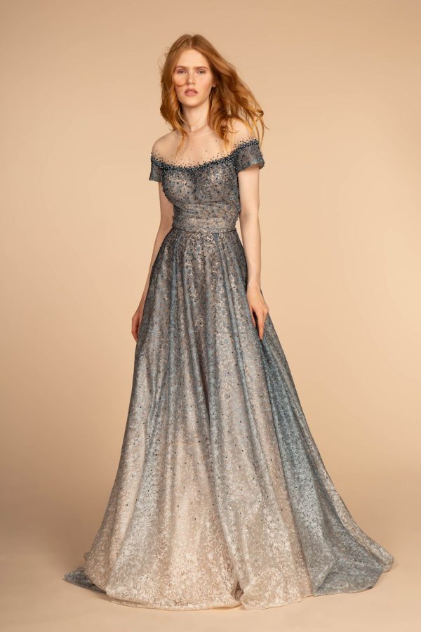Sheer Bodice Beads: Ombre Lace Ball Gown with Sparkle