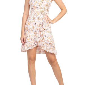 V‑Neck Flutter Sleeve Dress: Soft Twill, Tie Waist, Ruffle Hem