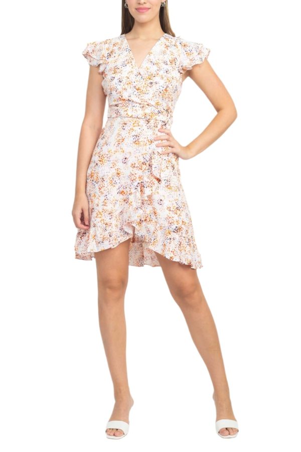 V‑Neck Flutter Sleeve Dress: Soft Twill, Tie Waist, Ruffle Hem