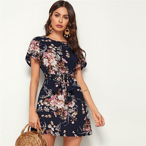 Navy Floral Print Breathable Shift Dress – Summer Boho - Image 3
