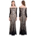 Evening Dress Gold Sequin Long Sleeve V‑Neck