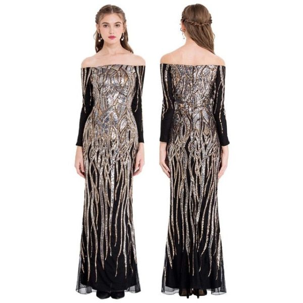 Evening Dress Gold Sequin Long Sleeve V‑Neck - Image 12