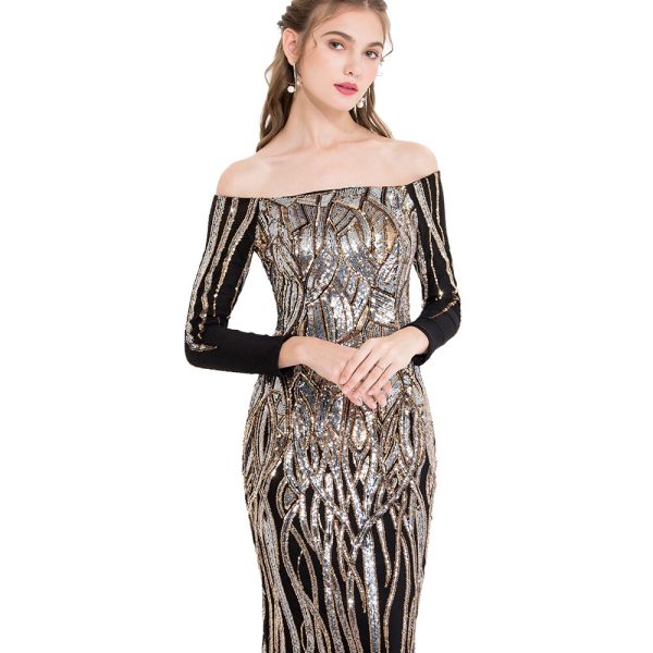 Evening Dress Gold Sequin Long Sleeve V‑Neck - Image 5