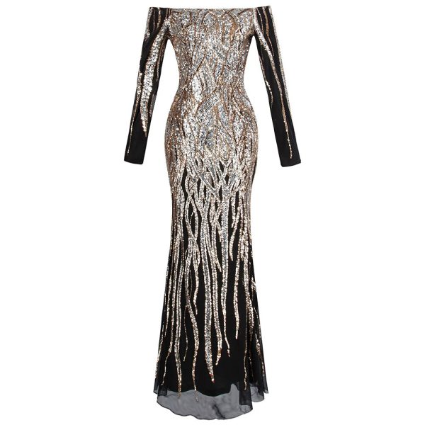 Evening Dress Gold Sequin Long Sleeve V‑Neck - Image 2
