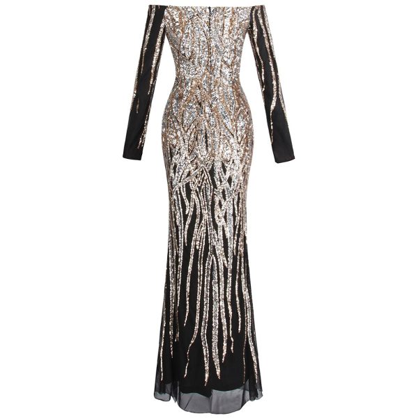 Evening Dress Gold Sequin Long Sleeve V‑Neck - Image 3