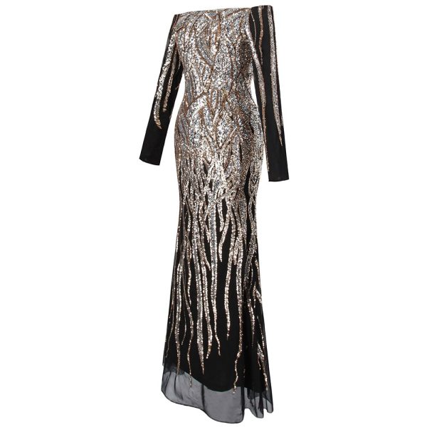 Evening Dress Gold Sequin Long Sleeve V‑Neck - Image 4