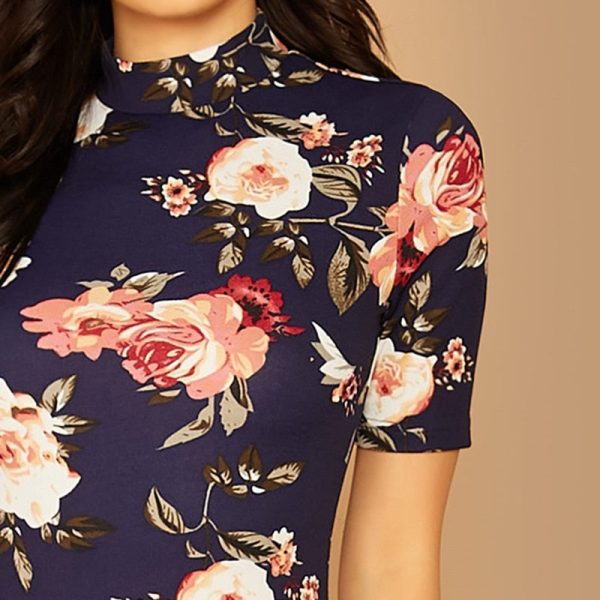 Navy Floral Print Dress – Midi, Stand Collar Short Sleeve - Image 5