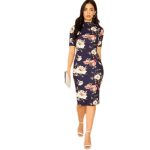 Navy Floral Print Dress – Midi, Stand Collar Short Sleeve