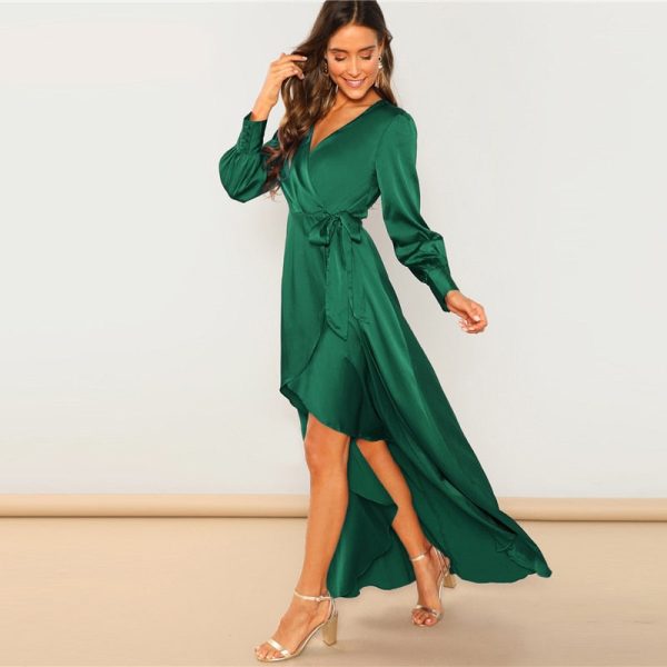 Green Solid Surplice Maxi Dress – A‑Line High Waist Perfection