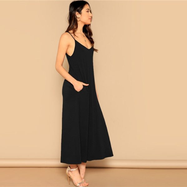 Black Sleeveless V-Neck Maxi Dress with Pockets - Adjustable Straps & Flowy Silhouette - Image 2