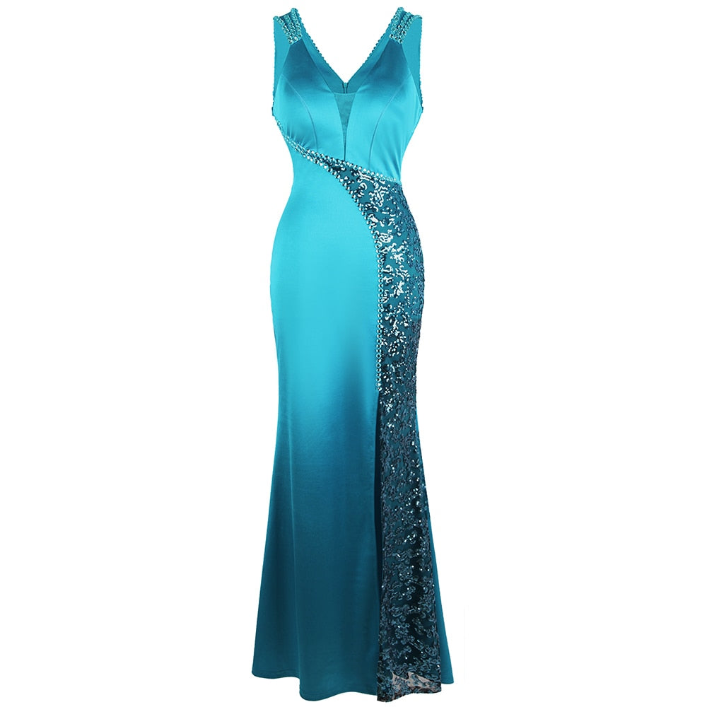 Full-length view of a teal sequin gown with a mermaid silhouette. The dress features a deep V-neckline and a shimmering sequin panel running down one side