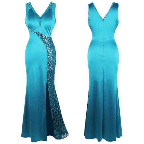 Iridescent Teal Sequin & Satin Mermaid Gown with V Neck Beading Splicing Evening Dresses Long Formal - Image 9