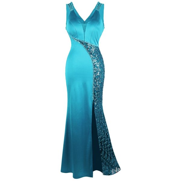 Iridescent Teal Sequin & Satin Mermaid Gown with V Neck Beading Splicing Evening Dresses Long Formal - Image 2