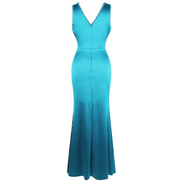Iridescent Teal Sequin & Satin Mermaid Gown with V Neck Beading Splicing Evening Dresses Long Formal - Image 3