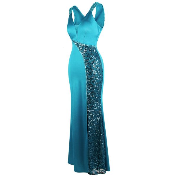 Iridescent Teal Sequin & Satin Mermaid Gown with V Neck Beading Splicing Evening Dresses Long Formal - Image 4