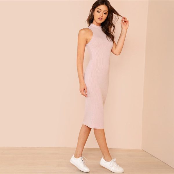 Mock Neck Rib Knit Pink Slim Dress Breathable Stretch - Image 3