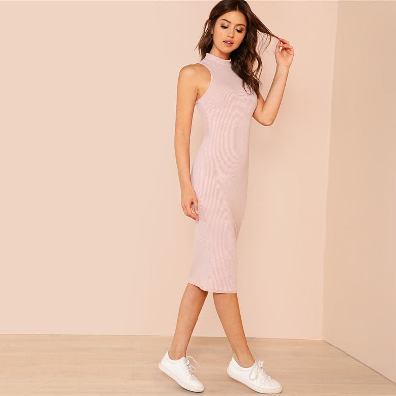 Mock Neck Rib Knit Pink Slim Dress Breathable Stretch - Image 3