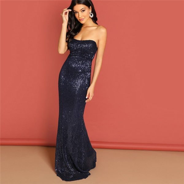 Sequin Mesh Strapless Navy Gown High-Waist Floor-Length Shine