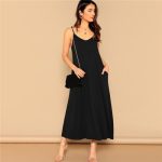 Black Sleeveless V-Neck Maxi Dress with Pockets - Adjustable Straps & Flowy Silhouette