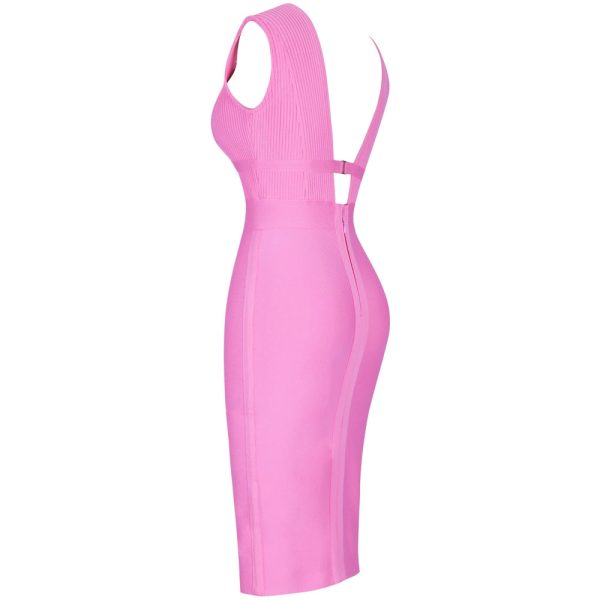 Pink Bodycon Bandage Dress Women Cut Out Sexy Double Deep v Neck Pink Rayon Evening Party - Image 3