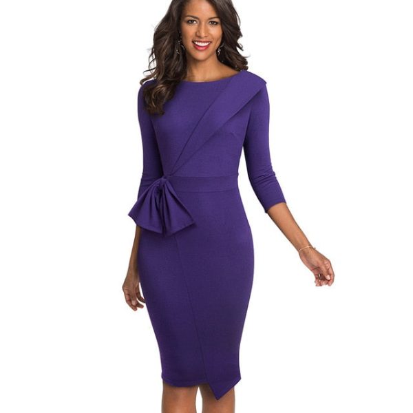 Bow Peplum Dresses: Office‑Knee Length Cotton‑Polyester - Image 15