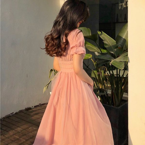 A-Line Women Dress – Short Puff Sleeve Mesh V-Neck Summer - Image 2