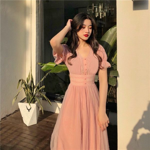 A-Line Women Dress – Short Puff Sleeve Mesh V-Neck Summer - Image 11
