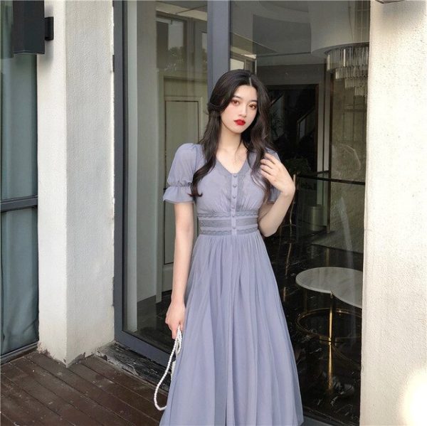 A-Line Women Dress – Short Puff Sleeve Mesh V-Neck Summer - Image 8