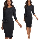 Bow Peplum Dresses: Office‑Knee Length Cotton‑Polyester