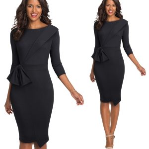 Bow Peplum Dresses: Office‑Knee Length Cotton‑Polyester