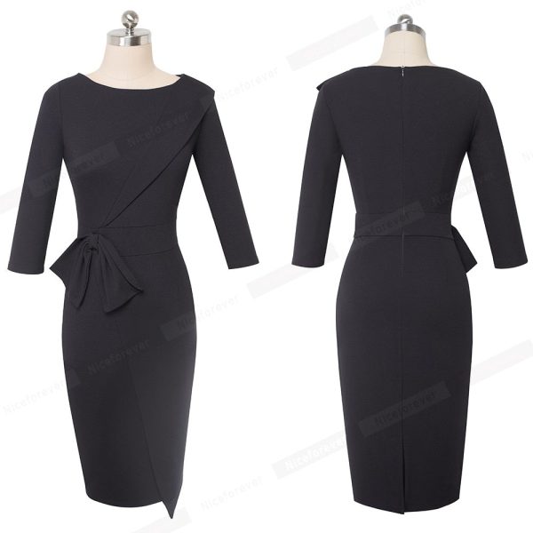 Bow Peplum Dresses: Office‑Knee Length Cotton‑Polyester - Image 4