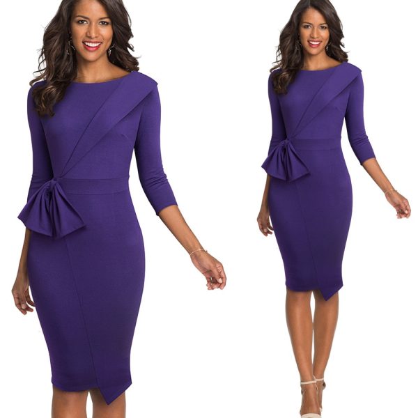 Bow Peplum Dresses: Office‑Knee Length Cotton‑Polyester - Image 5