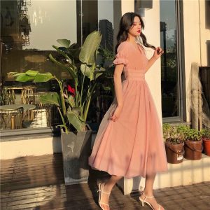 A-Line Women Dress – Short Puff Sleeve Mesh V-Neck Summer
