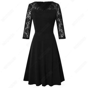 Women Sexy Chic Lace Patchwork Dress – A-Line V-Neck