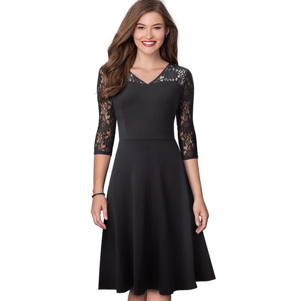 Women Sexy Chic Lace Patchwork Dress – A-Line V-Neck - Image 5