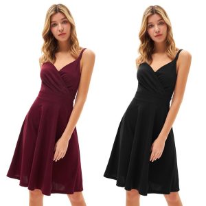 V-Neck Cami Dress: U-Back Pleated Bodice & Flared A-Line