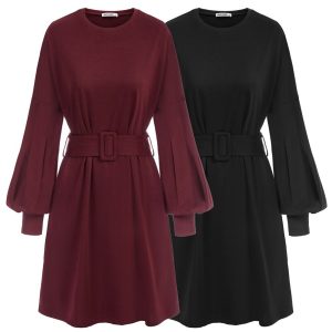 Summer Mini Dresses – Belt Sash, Lantern Sleeves