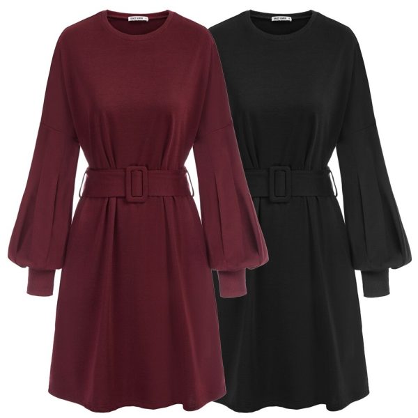 Summer Mini Dresses – Belt Sash, Lantern Sleeves