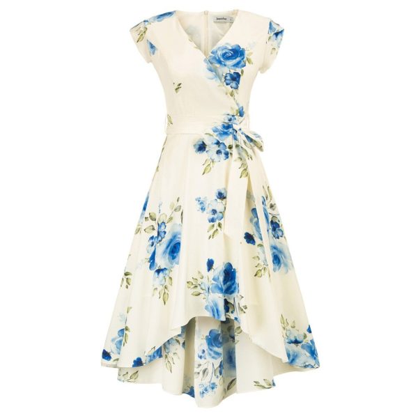 High-Low Hem Dress – Petal Sleeves, Belted V-Neck for Vacation