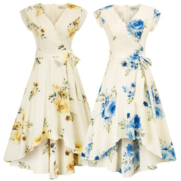 High-Low Hem Dress – Petal Sleeves, Belted V-Neck for Vacation - Image 3