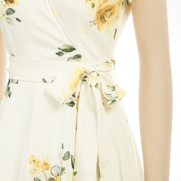 High-Low Hem Dress – Petal Sleeves, Belted V-Neck for Vacation - Image 5